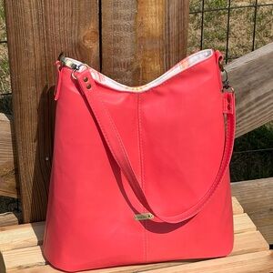 Stylish Pink Faux Leather Shoulder Bag w/ rainbow print cotton interior